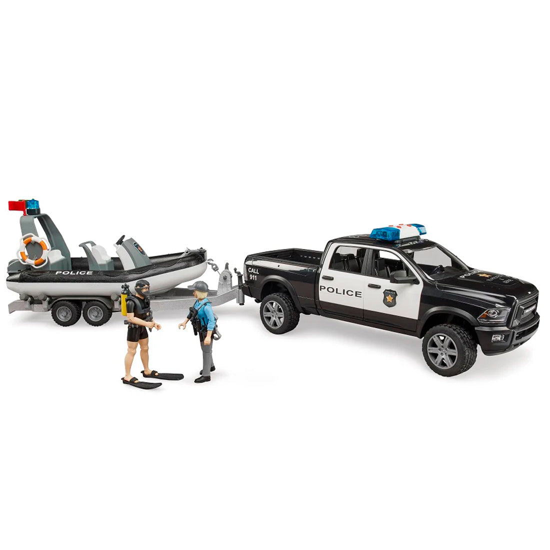 Bruder Ram 2500 Polis Aracı ,Römork, Zodyak, 2 Figür ve Aksesuarlar BR02507