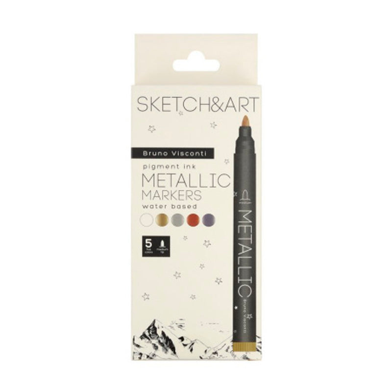 Bruno Visconti Sketch Art 5 Renk Metalik Marker Kalem - Sanatsal Eskiz ve Hediyelik Marker Seti