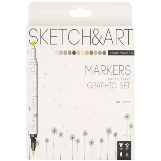 Bruno Visconti Sketch Art Çift Taraflı Markers 12 Renk - Sanatsal Çizim ve Grafik Kalemi