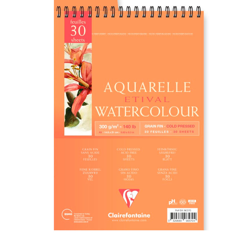 Clairefontaine Etival Cold Press A5 Üstten Spiralli 30 Sayfa Suluboya Blok - Eskiz ve Okul Defteri