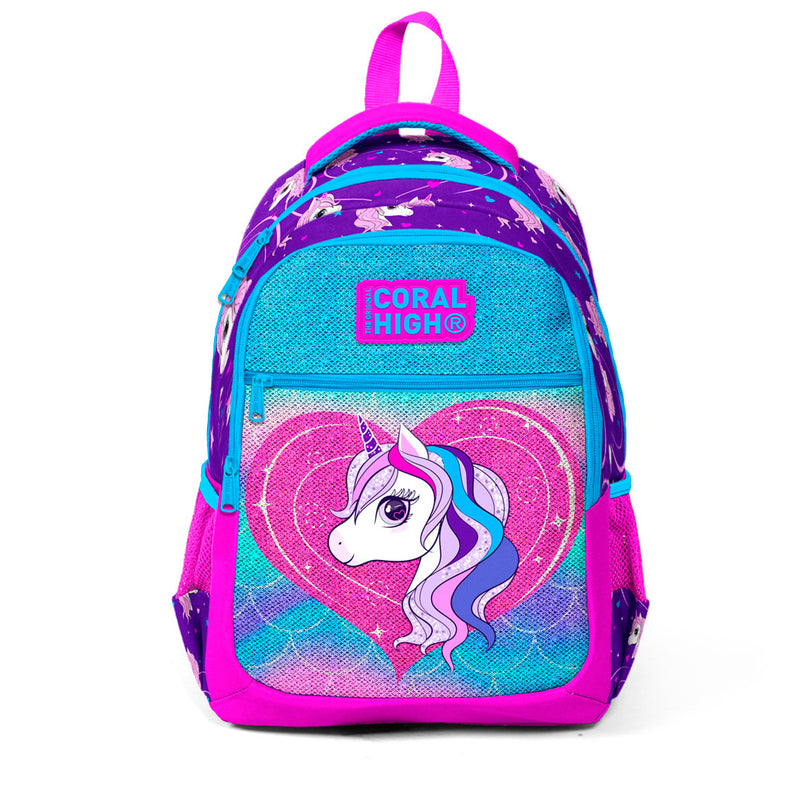 Coral High Kız Çocuk Unicorn Desenli Simli Üç Bölmeli Mor Pembe İlkokul Çantası