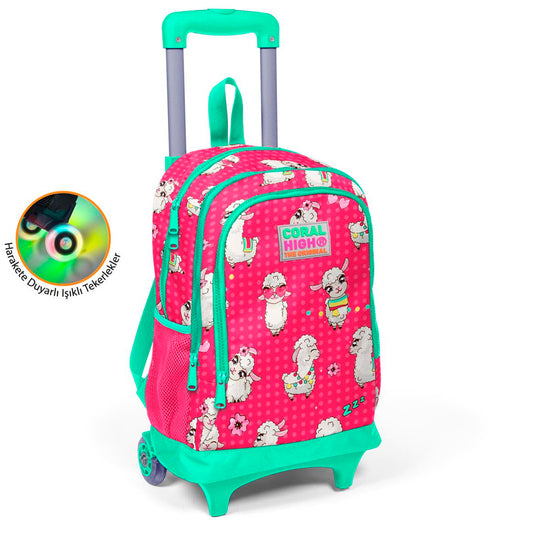 Coral High Kids Kız Çocuk Alpaka Desenli Üç Bölmeli Çekçekli Okul Sırt Çantası