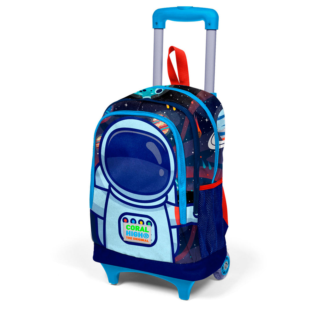 Coral High Kids Saks Mavi Astronot Desenli Üç Bölmeli Işıklı Tekerlekli Çekçekli Okul Sırt Çantası 23924
