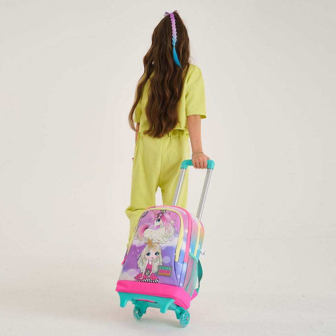 Coral High Peri ve Unicorn Desenli Işıklı Tekerlek Pembe Çekçekli Sırt ve Okul Çantası 23933