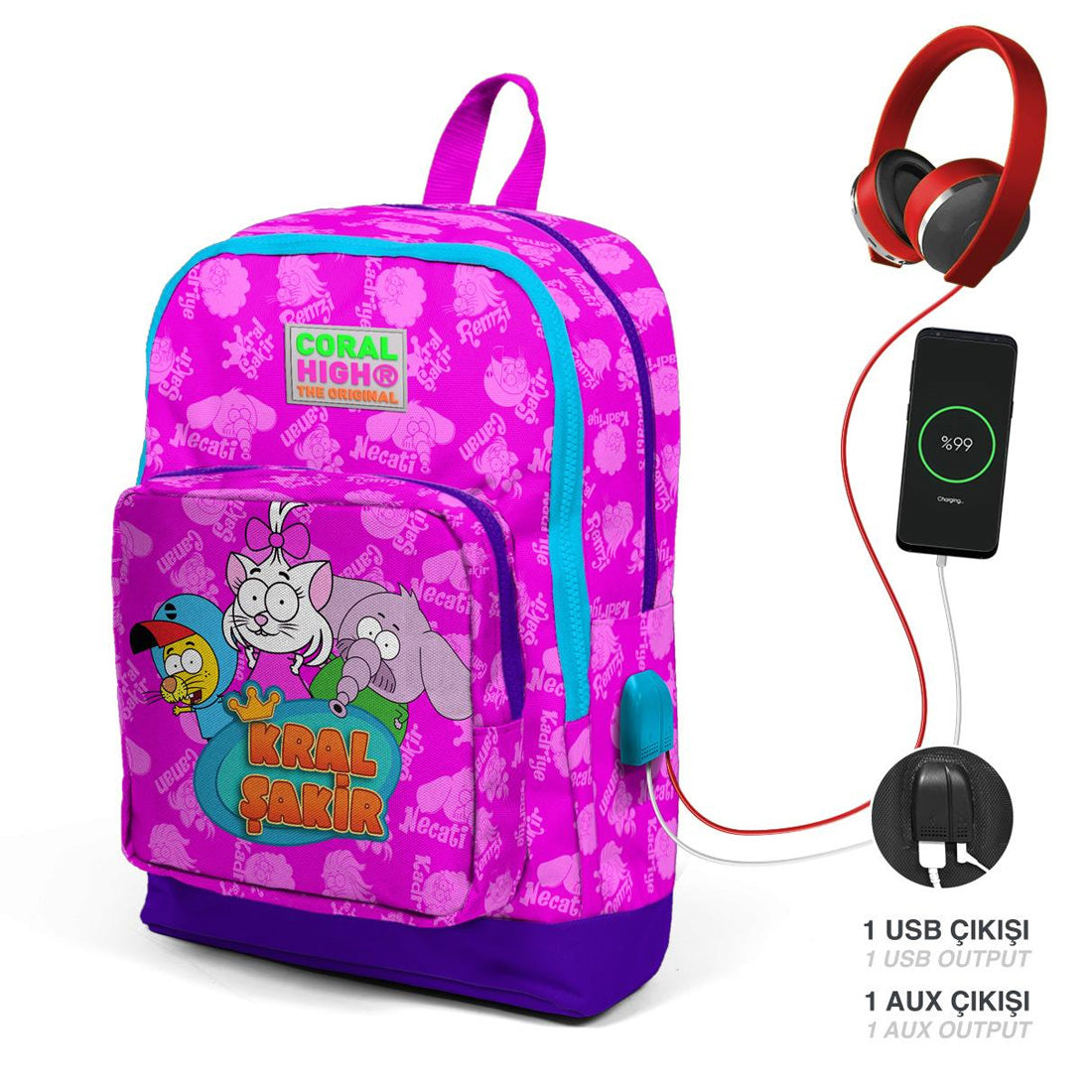 Coral High Kral Şakir Erkek Çocuk İlkokul Çantası USB ve Aux Soketli