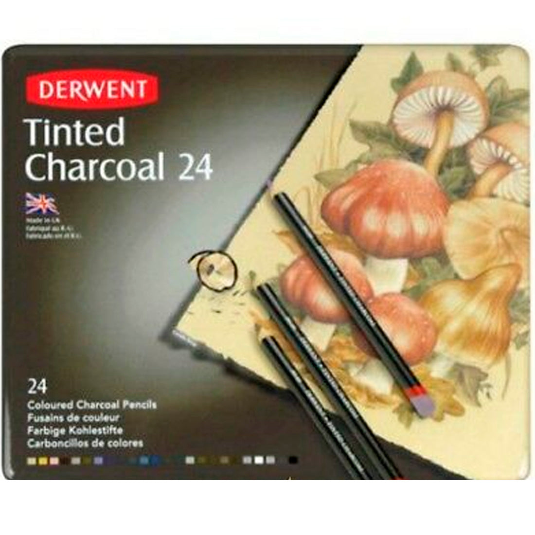 Derwent Tinted Charcoal 24'lü Teneke Kutu Renkli Kömür Füzen Seti - Sanat Malzemeleri ve Profesyonel Çizim Seti