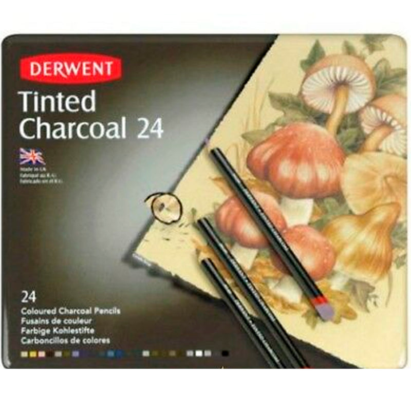 Derwent Tinted Charcoal 24'lü Teneke Kutu Renkli Kömür Füzen Seti - Sanat Malzemeleri ve Profesyonel Çizim Seti