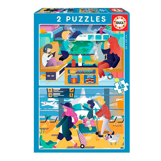 Educa 2x48 Parça Havaalanı ve Tren Temalı Ahşap Çocuk Puzzle