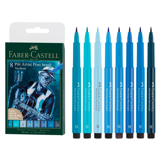 Faber Castell Pitt Artist The Blues 8'li Fırça Uçlu Renkli Kalem - Sanat Çizim Eskiz İllüstrasyon Kalem Seti