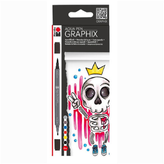 Marabu Graphix Aqua Pen Bubblegum King 6'lı Çift Taraflı Çizim Kalemi - Sanatsal Sulu Boya Etkili Marker