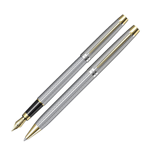 Scrikss 722W Balıksırtı Gold Krom Dolma+Tükenmez Kalem Takımı - Prestijli Hediyelik İmza ve Of