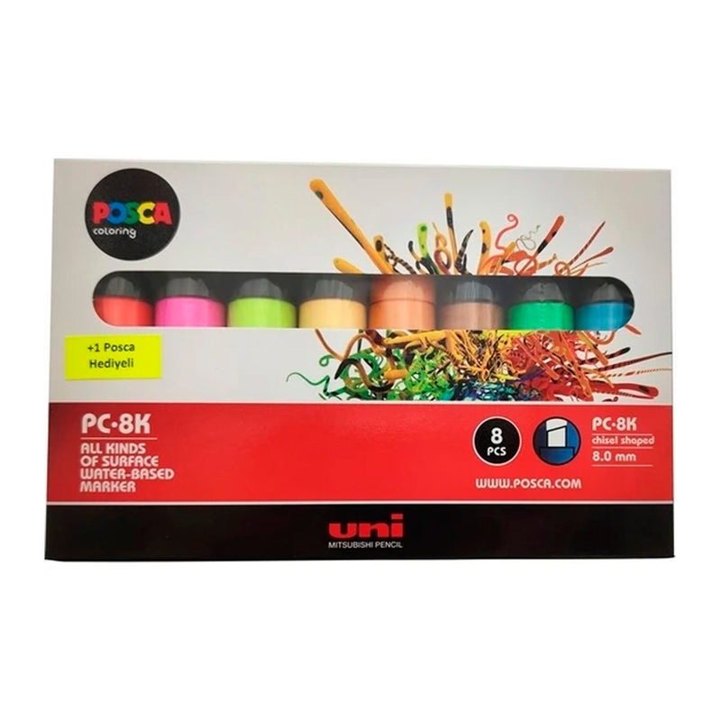Uni-Ball Posca Floresan Renk Su Bazlı Marker Kalem 7+1 Set - Sanat Çizim ve Boyama Kalemi