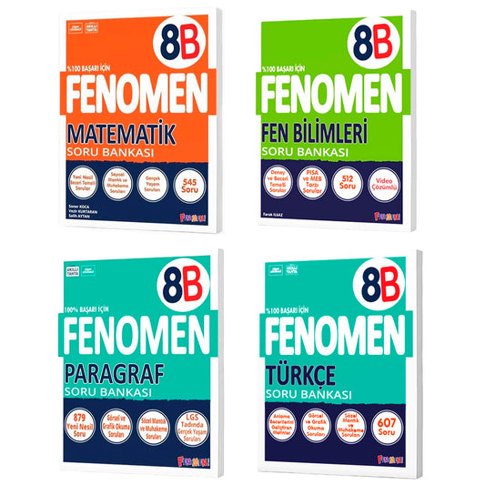 Fenomen Yayınları 8. Sınıf (B) Soru Bankası Seti (Matematik,Fen,Paragraf,Türkçe)