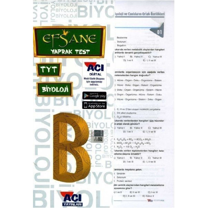 Açı Yayınları TYT Biyoloji Efsane Çek Kopart Yaprak Test