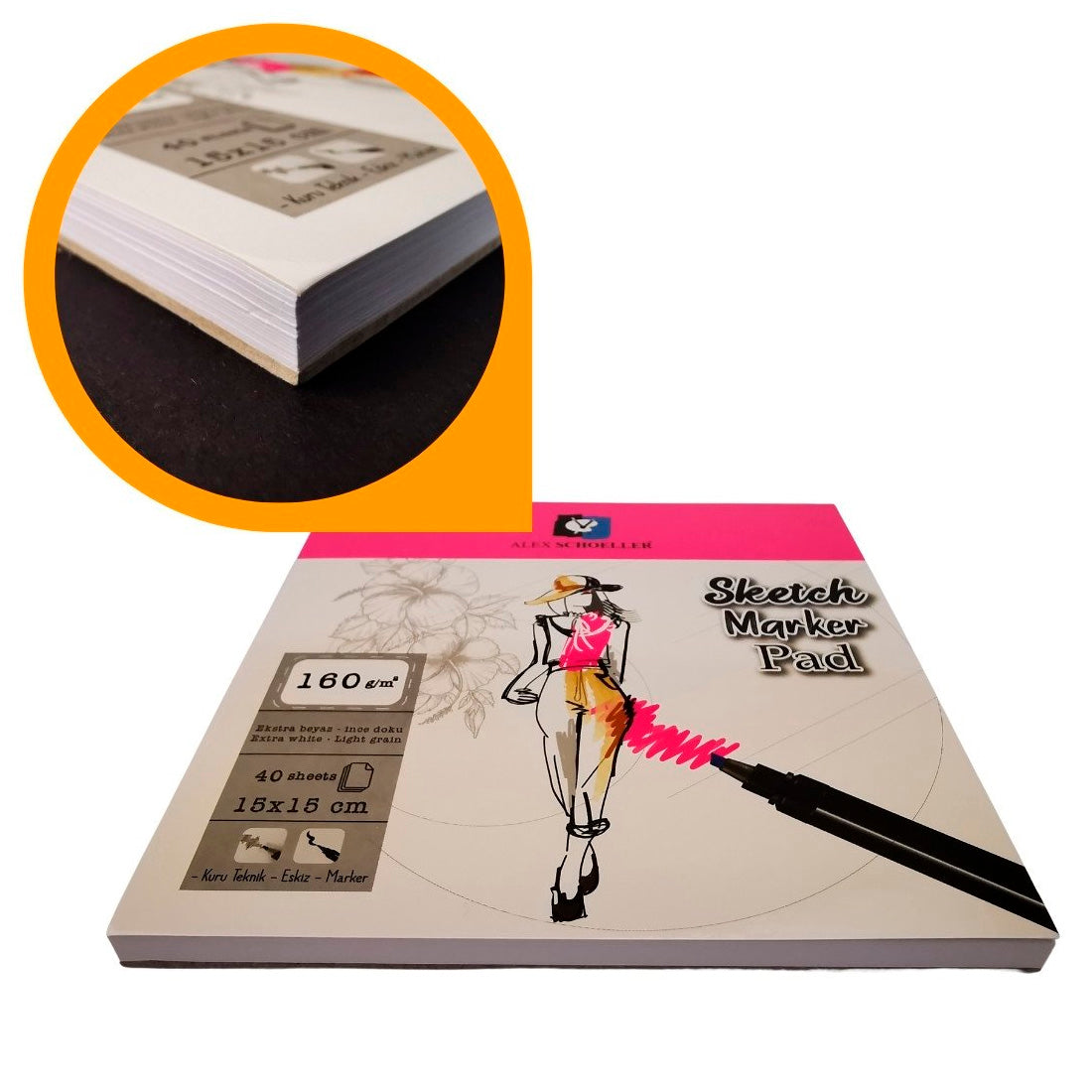 Alex Schoeller 40 Sayfa 15x15 160Gr Marker Eskiz Defteri - Sanatsal Çizim ve Resim Defteri