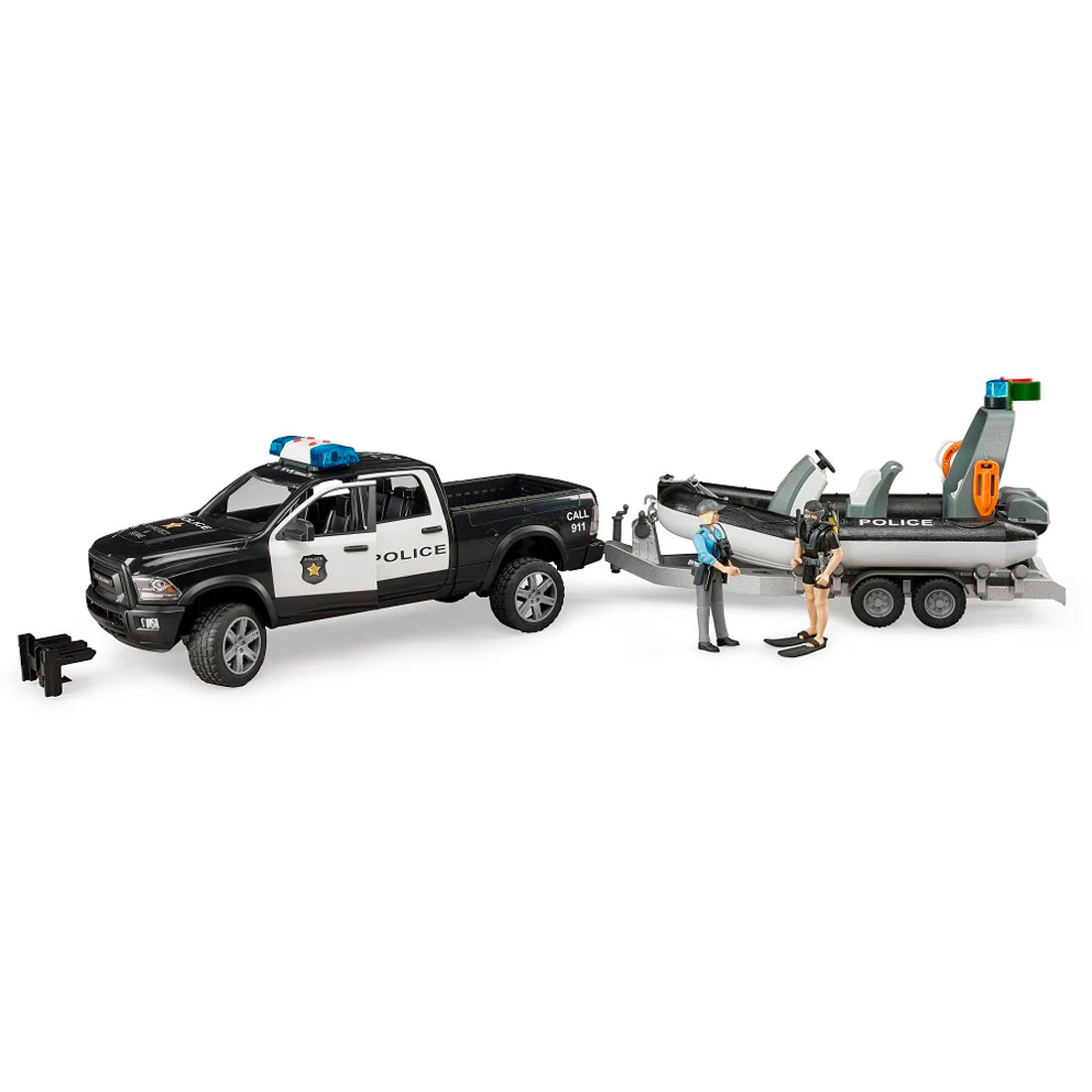 Bruder Ram 2500 Polis Aracı ,Römork, Zodyak, 2 Figür ve Aksesuarlar BR02507
