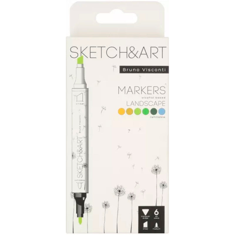 Bruno Visconti Sketch Art Çift Taraflı Markers 6 Renk Peyzaj Marker Kalem - Sanat, Çizim ve Eskiz için