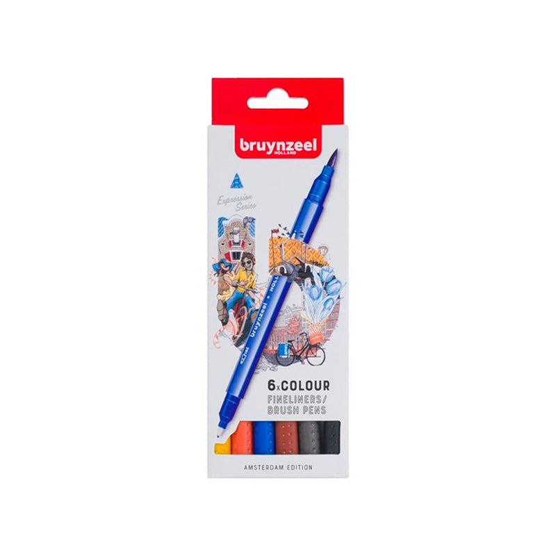 Bruynzeel Fineliner-Brush Amsterdam 6'lı Çift Taraflı Kalem Seti - Sanat, Çizim ve İllüstrasyon Marker Kalemi