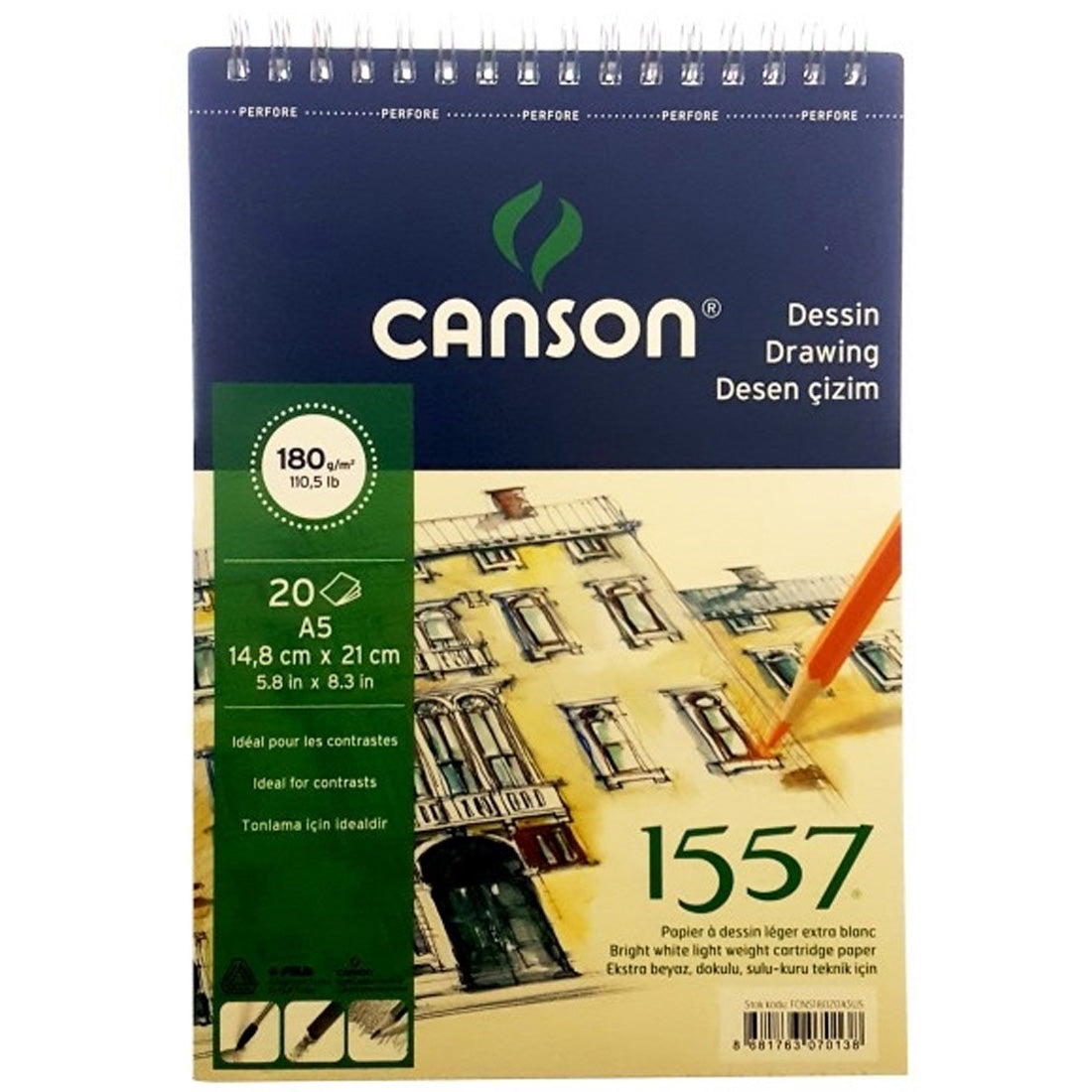 Canson 1557 Dessin Çizim Defteri 180gr. 20 Yaprak, A5 Boy - Sanatsal Eskiz ve Not Tut