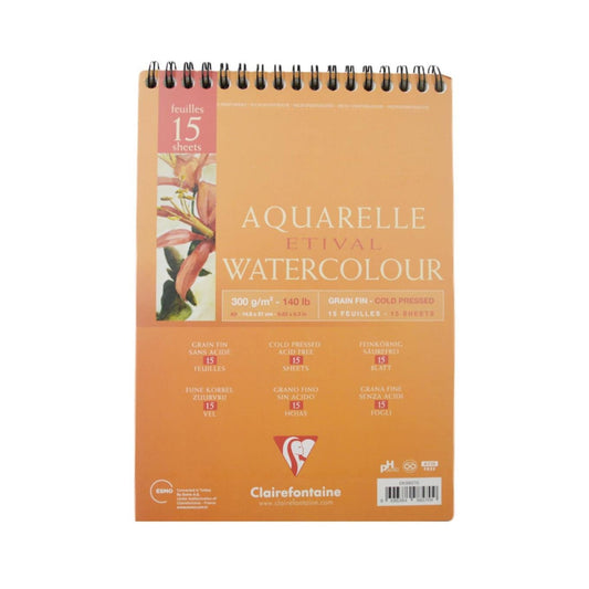 Clairefontaine A5 Aquarelle Etival 300 Gr. Üstten Spiralli 15 Yaprak Suluboya Defteri - Eskiz ve Okul Defteri