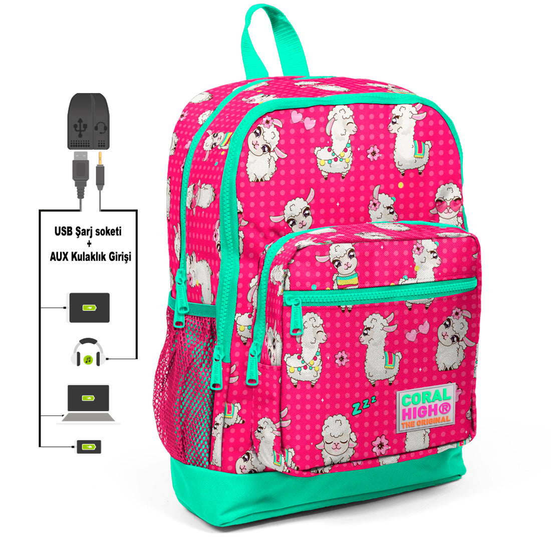 Coral High 3 Bölmeli Usb+Aux Soketli Okul Çantası 23268