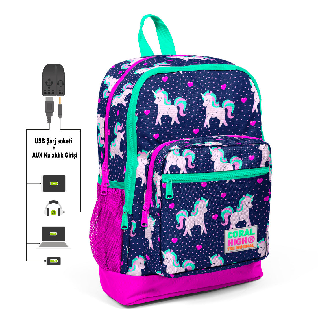 Coral High 3 Bölmeli Usb+Aux Soketli Okul Çantası 23270