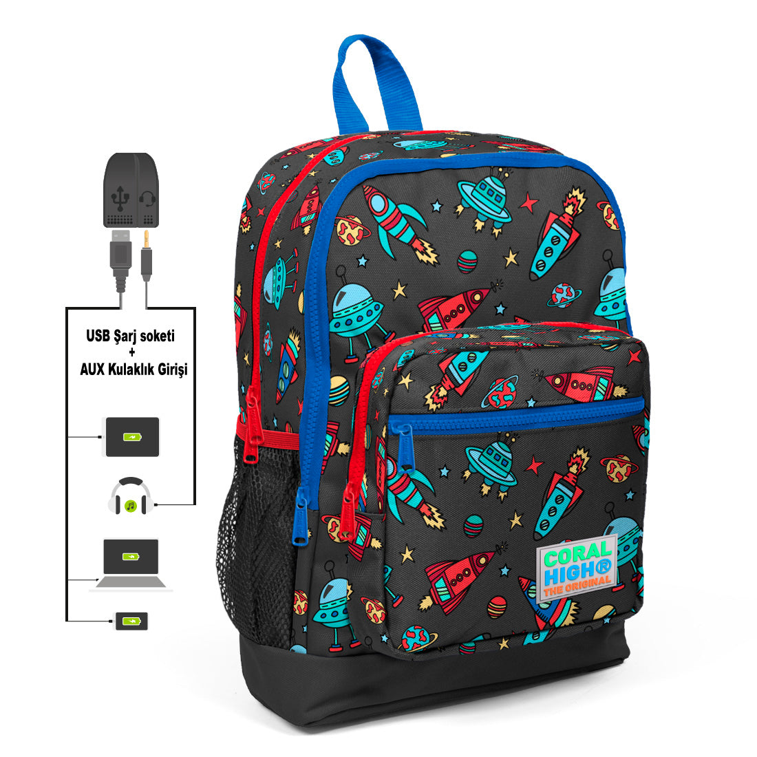 Coral High 3 Bölmeli Usb+Aux Soketli Okul Çantası 23279