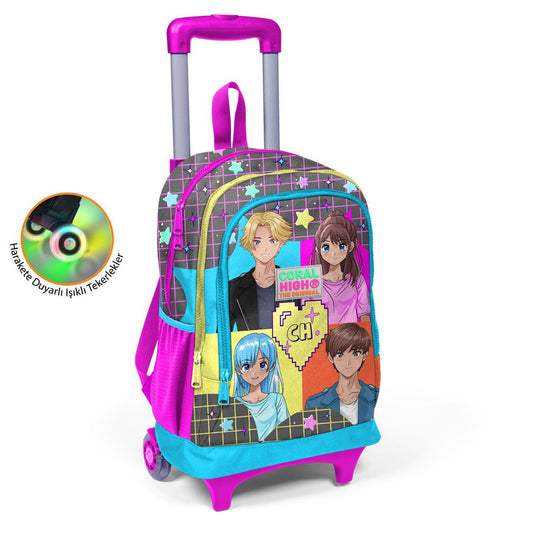 Coral High Anime Desenli Işıklı Tekerlek Gri-Mavi Çekçekli Sırt ve Okul Çantası 23937
