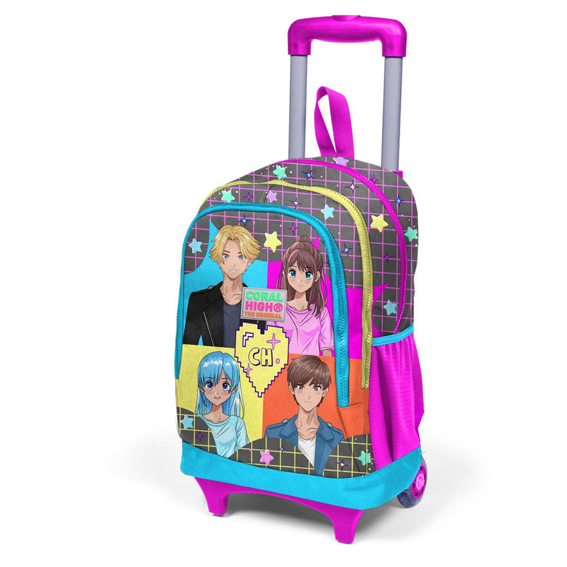 Coral High Anime Desenli Işıklı Tekerlek Gri-Mavi Çekçekli Sırt ve Okul Çantası 23937