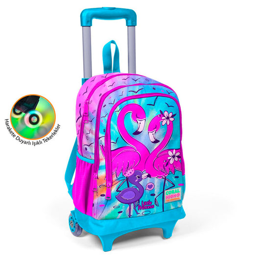 Coral High Flamingo Desenli Işıklı Tekerlek Mavi-Pembe Çekçekli Sırt ve Okul Çantası 23930