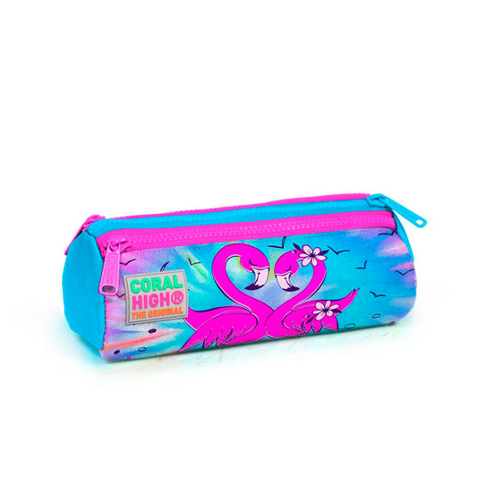 Coral High Flamingo Desenli Mavi-Pembe Renkli Üç Bölmeli Kalem Çanta 22030