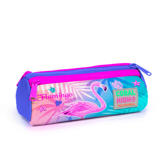 Coral High Kız Çocuk Lavanta Pembe Flamingo Desenli Üç Bölmeli Kalem Çantası