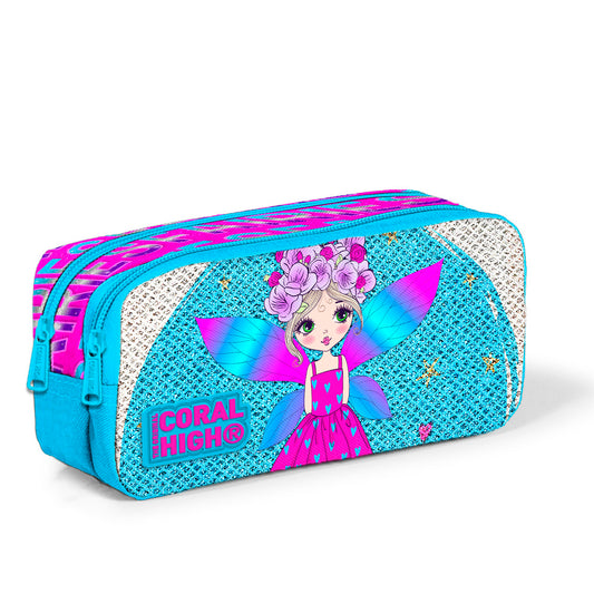 Coral High Kids Pembe Mavi Peri Desenli Simli İki Bölmeli Kalem Çantası