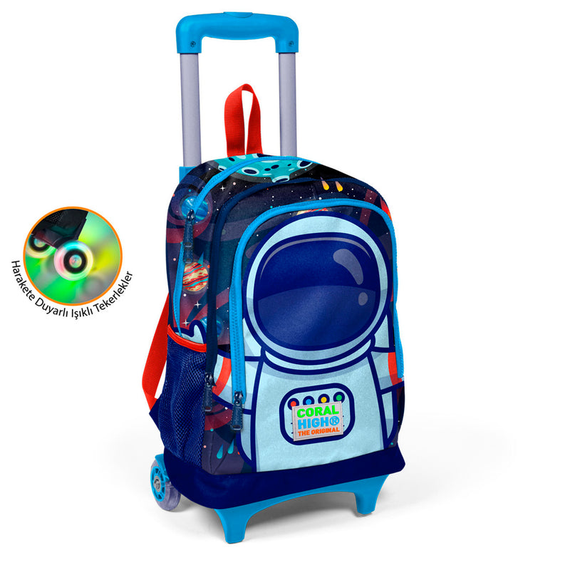 Coral High Kids Saks Mavi Astronot Desenli Üç Bölmeli Işıklı Tekerlekli Çekçekli Okul Sırt Çantası 23924