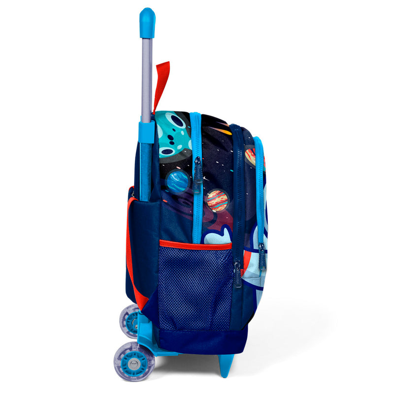 Coral High Kids Saks Mavi Astronot Desenli Üç Bölmeli Işıklı Tekerlekli Çekçekli Okul Sırt Çantası 23924