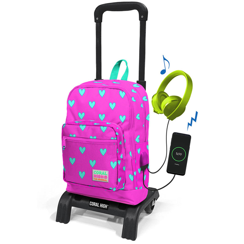 Coral High Pembe Kalp Desenli Sök-Tak Çekçekli Kız Çocuk Okul Çantası