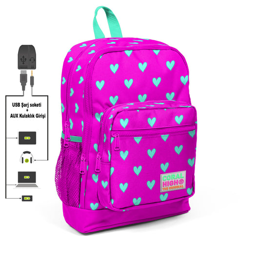 Coral High Pembe Kalp Desenli Sök-Tak Çekçekli Kız Çocuk Okul Çantası