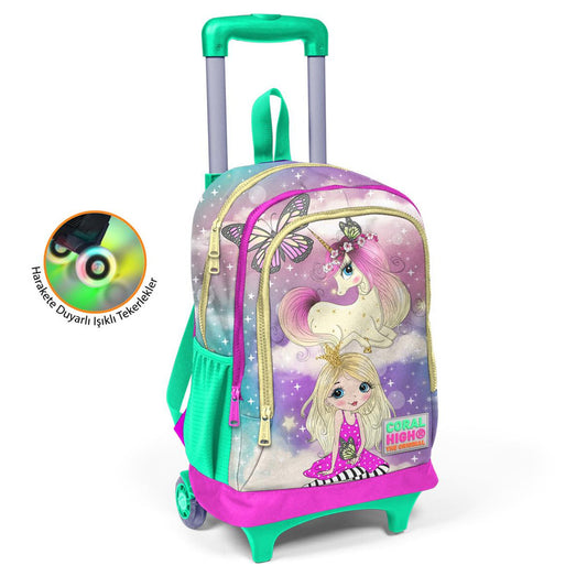 Coral High Peri ve Unicorn Desenli Işıklı Tekerlek Pembe Çekçekli Sırt ve Okul Çantası 23933