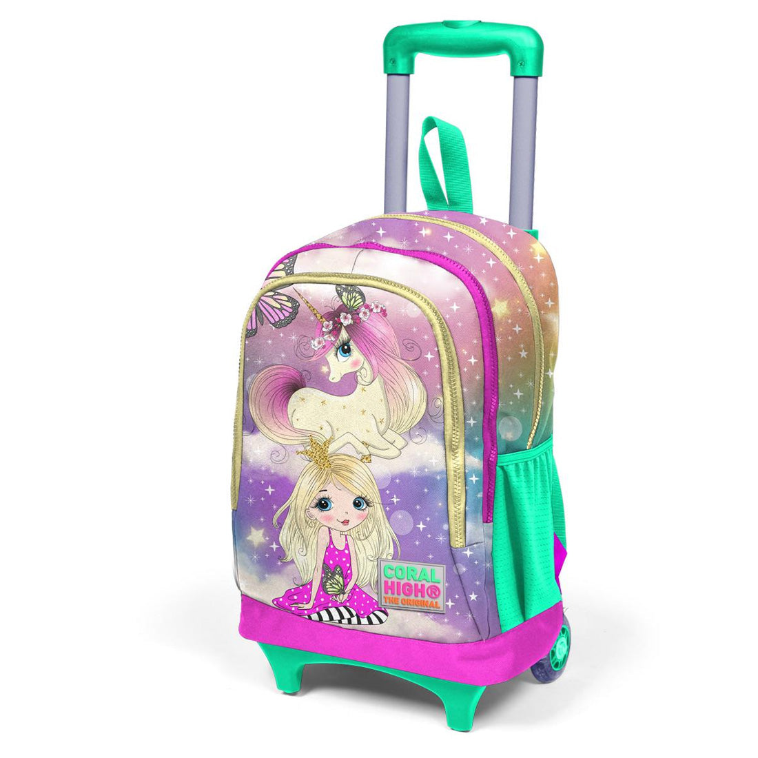 Coral High Peri ve Unicorn Desenli Işıklı Tekerlek Pembe Çekçekli Sırt ve Okul Çantası 23933
