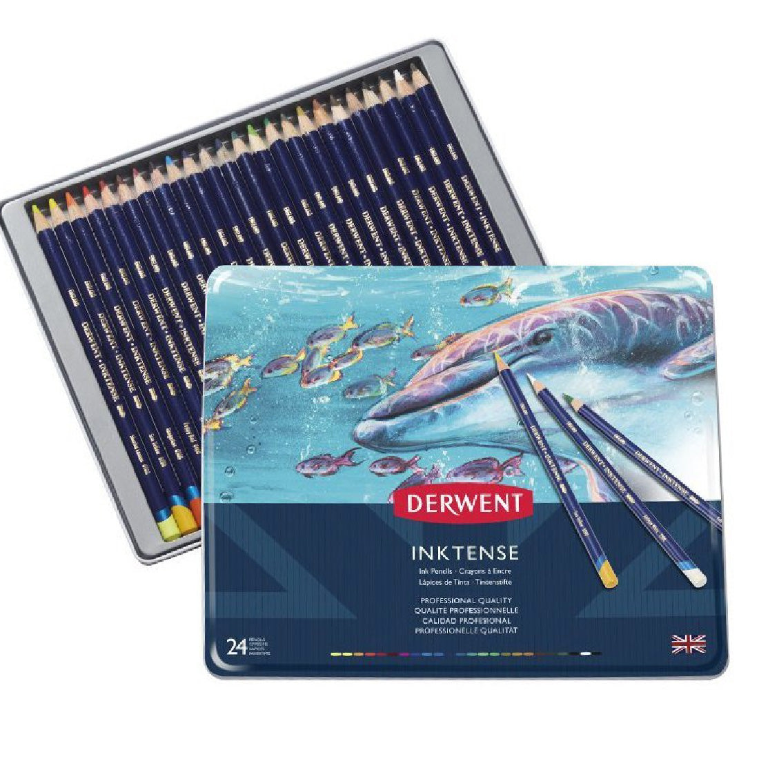 Derwent Inktense 24'lü Teneke Kutu Suluboya Kalem Seti - Sanatsal Çizim ve Resim Kalemi