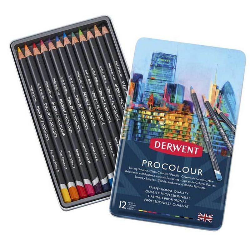 Derwent Procolour 12'li Teneke Kutu - Sanatsal Çizim ve Profesyonel Kuru Boya Kalem Seti