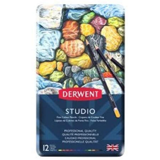 Derwent Studio Pencils 12'li Teneke Kutu Kuruboya Kalemi - Sanatsal Çizim ve Resim Kalemi Seti