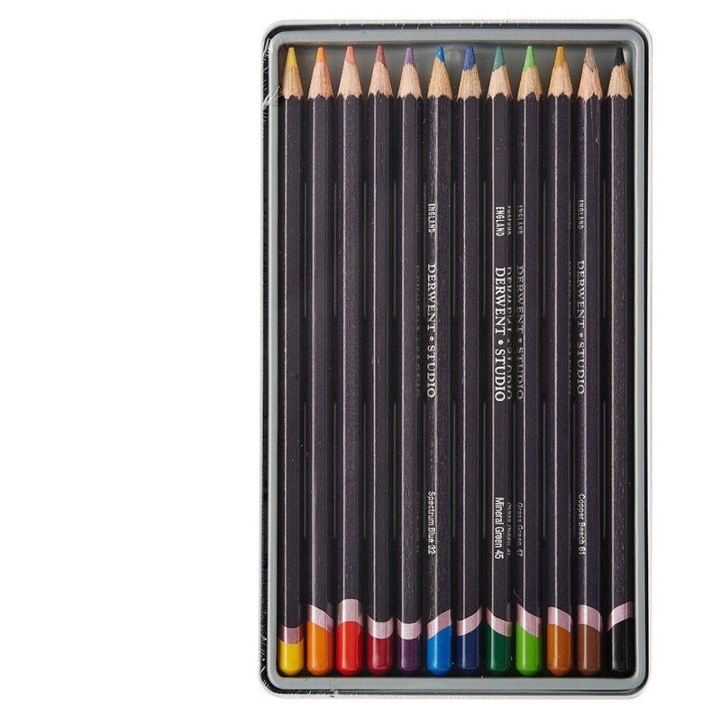 Derwent Studio Pencils 12'li Teneke Kutu Kuruboya Kalemi - Sanatsal Çizim ve Resim Kalemi Seti