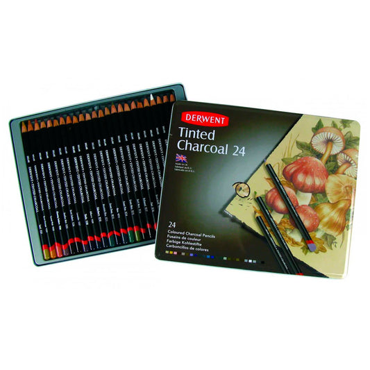 Derwent Tinted Charcoal 24'lü Teneke Kutu Renkli Kömür Füzen Seti - Sanat Malzemeleri ve Profesyonel Çizim Seti