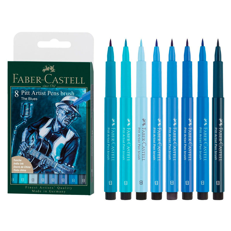 Faber Castell Pitt Artist The Blues 8'li Fırça Uçlu Renkli Kalem - Sanat Çizim Eskiz İllüstrasyon Kalem Seti