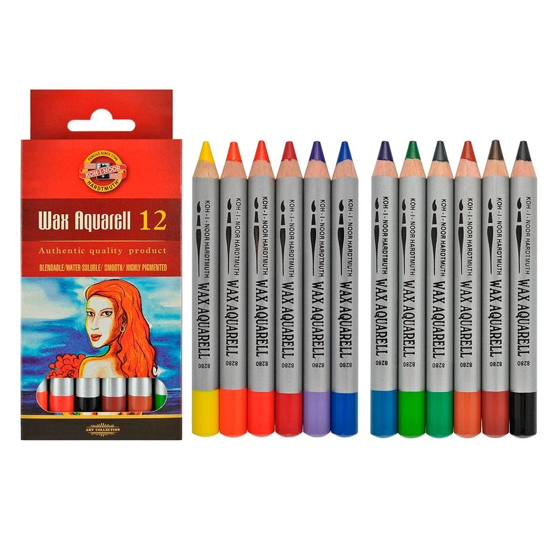 Koh I Noor Wax Aquarell 12'li Pastel Kalem Seti - Suluboya Etkili Sanatçı Çizim ve Boyama Seti