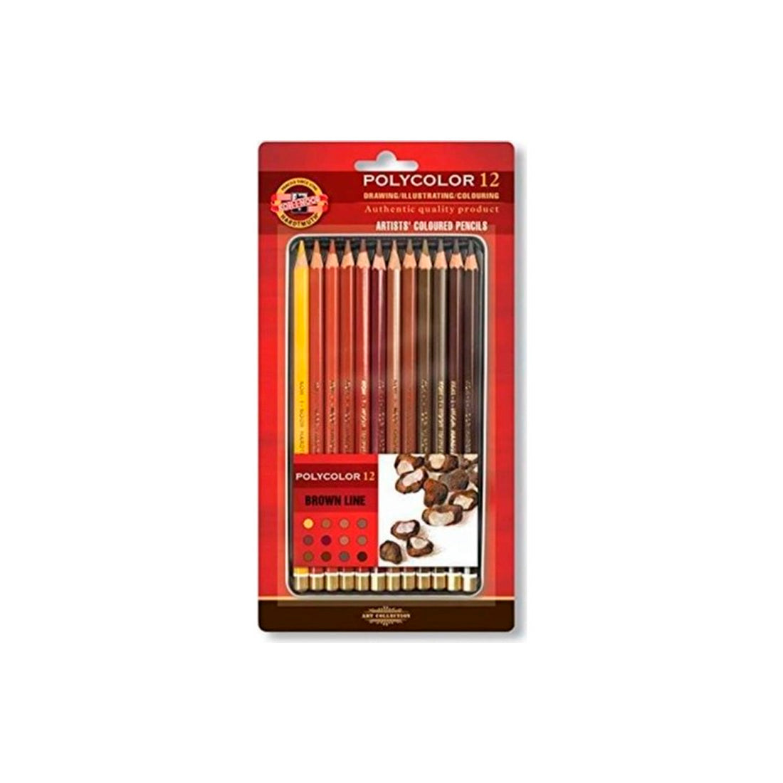 Kohinoor Metal Kutu Kahverengi Tonlar 12'li Polycolor Artist Kuru Boya Kalemi - Profesyonel Çizim ve Eskiz Seti