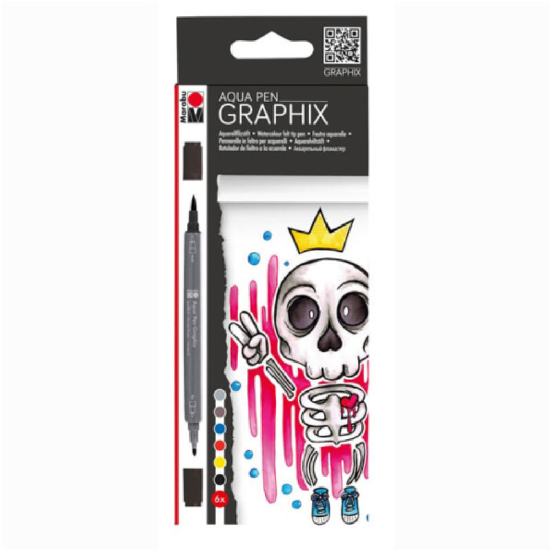 Marabu Graphix Aqua Pen Bubblegum King 6'lı Çift Taraflı Çizim Kalemi - Sanatsal Sulu Boya Etkili Marker