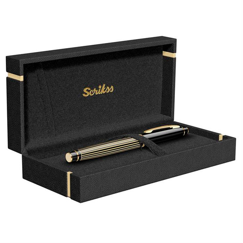 Scrikss Çizgi Desenli Siyah Altın Dolma Kalem - Prestijli İmza, Hediyelik ve Yumuşak Yazım Kalemi