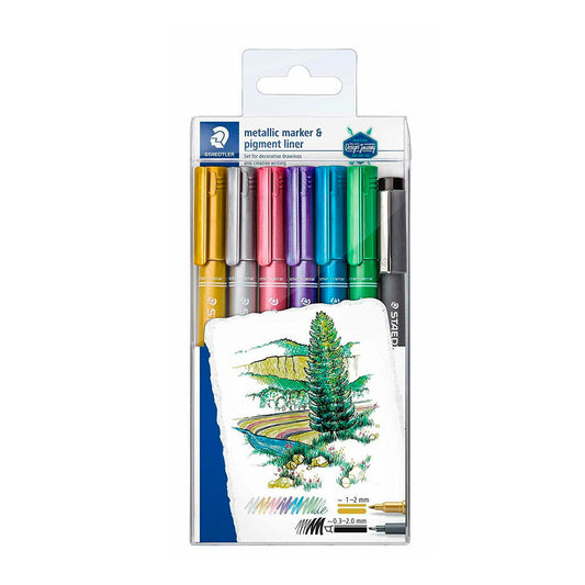 Staedtler Set Metalik Markör ve Pigment Liner 6'lı Siyah - Sanatsal Çizim, Eskiz ve İllüstrasyon Kalemi